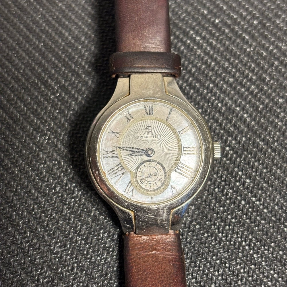 Vintage Philip Stein Silver and Brown Leather Watch